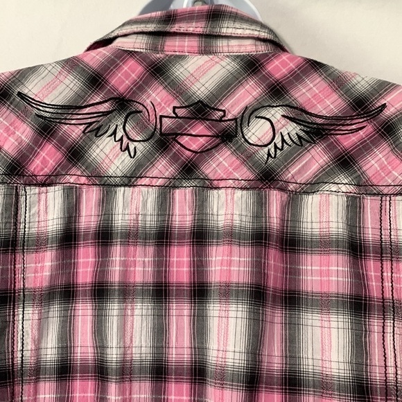 Harley Davidson Button-Down Plaid Shirt Button/Cuffed Sleeves Pink/Black/White - Picture 10 of 14